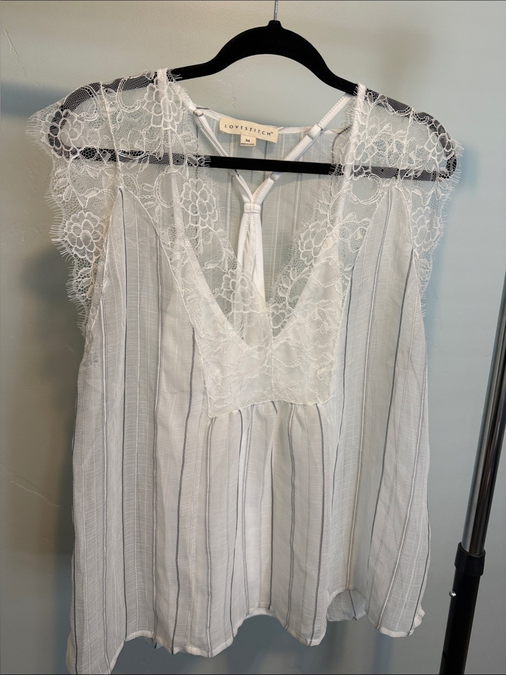 lovestitch White Lace Trim Striped blouse with tank attached
